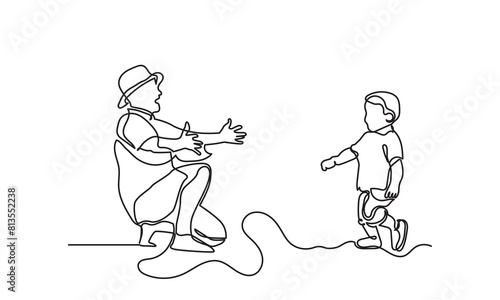 Continuous line drawing of father playing with his child. Father's Day concept. Single one-line drawing of Father and son baby beginning to walk.