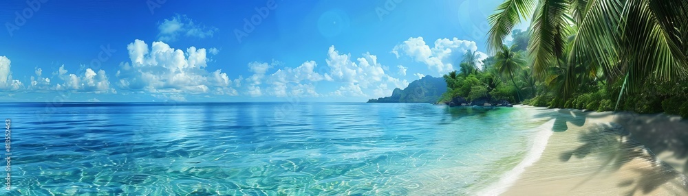 Panoramic view of a palmlined beach with crystal clear waters, vivid style