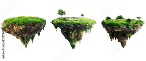 Set of Green Lawn Floating Island, Just Grass and Land Flying. PNG Cut-Out. Isolated on Transparent Background