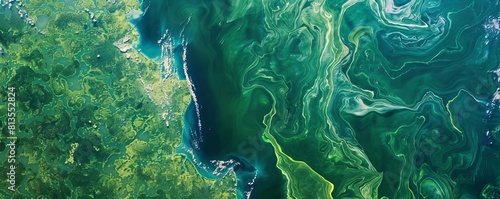 Satellite image capturing the extensive growth of algae blooms on a lake surface, vivid style