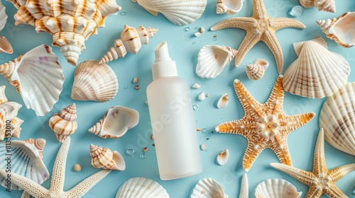 A white bottle of lotion is artistically surrounded by natural materials such as seashells and starfish. The intricate patterns of molluscs and invertebrates closeup create a beautiful piece of art photo