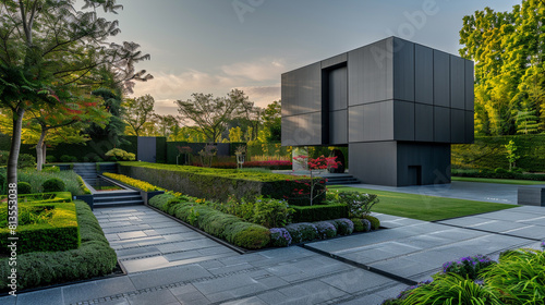 Sleek cubic house with a monochromatic color scheme and precision-cut stone walkways in a formal garden.