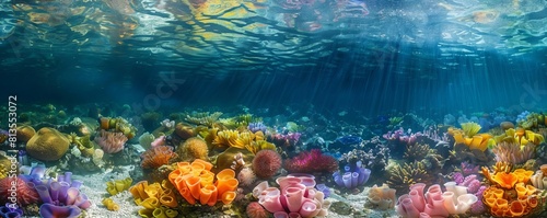 Seabed filled with colorful sponge fields under clear water, light painting style photo