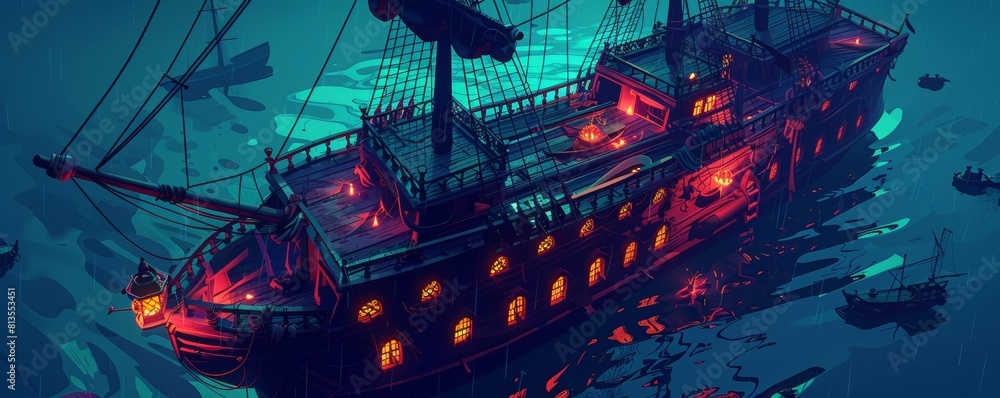 The old ship sails on the sea at night. The ship is lit by lanterns. The sea is dark and mysterious. The old ship sails on the sea at night. The ship is lit by lanterns. The sea is dark and mysterious.