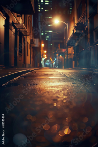 Urban street background for poster  cinematic lighting  night scene  bokeh 