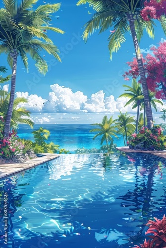 The photo is showing a beautiful seascape with blue water  white sand  and green palm trees.