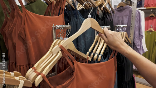 Wallpaper Mural Customer browsing through colorful dresses on wooden hangers in a clothing store, perfect for fashion retail and Black Friday concepts Torontodigital.ca