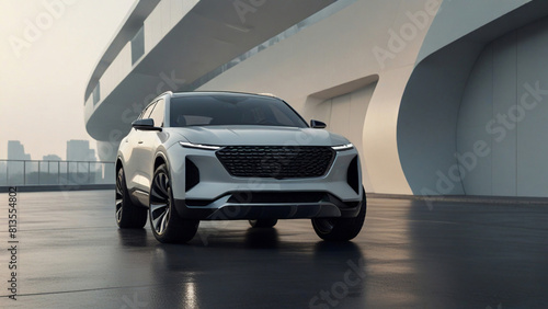 White color SUV car Stand with a front  view in Outdoor with anture and Futuristic background