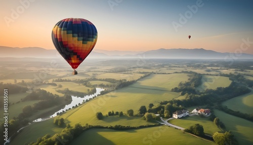 A hot air balloon drifting gracefully over a pictu photo