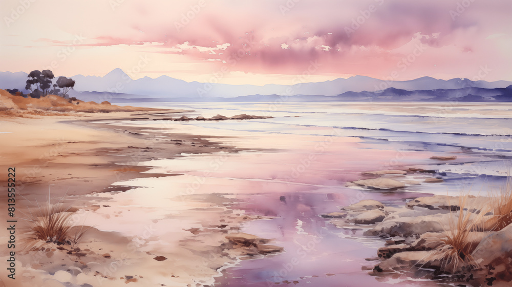 Paysage et nature peinte à l'aquarelle. Ton de couleurs rose, bleu, violet. Nature morte, peinture, art. Dessin, esquisse. Coucher ou lever de soleil. Pour conception et création graphique. Paysage et nature peinte à l'aquarelle. Ton de couleurs rose, bleu, violet. Nature morte, peinture, art. Dessin, esquisse. Coucher ou lever de soleil. Pour conception et création graphique.