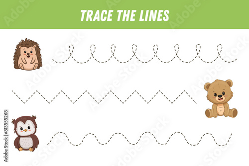 Tracing lines for kids. Cute cartoon forest animals: owl, teddy bear, hedgehog. Handwriting practice. Educational game for preschool kids. Activity page. Vector illustration.
 photo