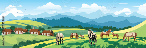 Panoramic view of spring landscape, countryside and village, horses grazing in a green meadow, vector illustration