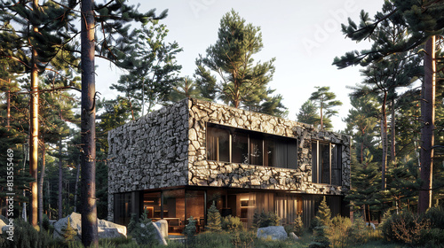 Sleek cubic house with a textured stone facade, nestled among tall pine trees. © ZUBI CREATIONS
