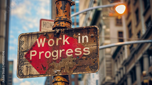 A rusted red street sign that says WORK IN PROGRESS on a pole in a city, 16-9