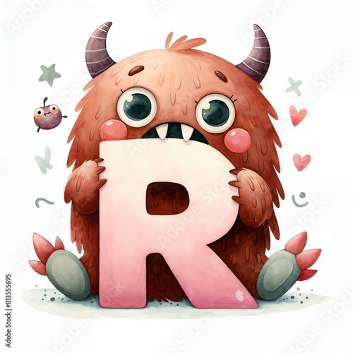 Whimsical Watercolor Monster Biting a Letter 'R' in Pastel Tones - AI Generated Digital Art photo