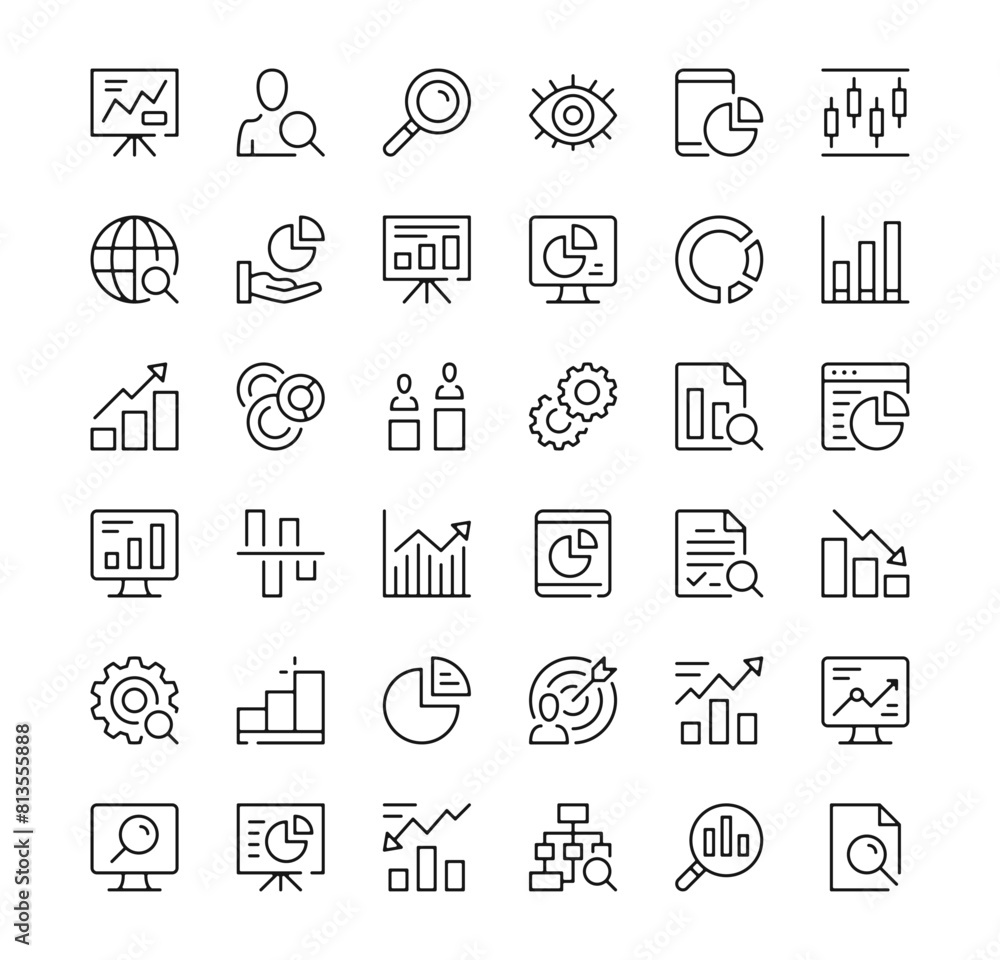 Data analysis icons set. Vector line icons. Black outline stroke symbols Data analysis icons set. Vector line icons. Black outline stroke symbols
