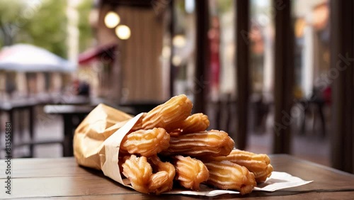 Fresh sugar churros in a paper bag on the table in an outdoor cafe. Street food. Summer, outdoor cafes and churros	