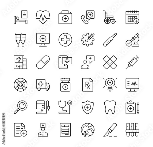 Healthcare icons set. Vector line icons. Black outline stroke symbols