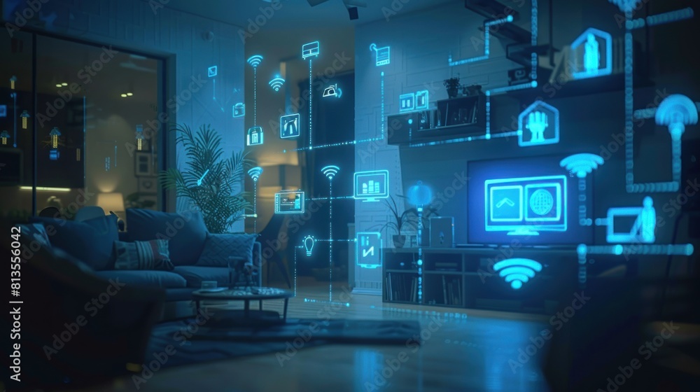Connected devices and digital symbols Seamless modern technology in a smart home interior. Connected devices and digital symbols Seamless modern technology in a smart home interior.