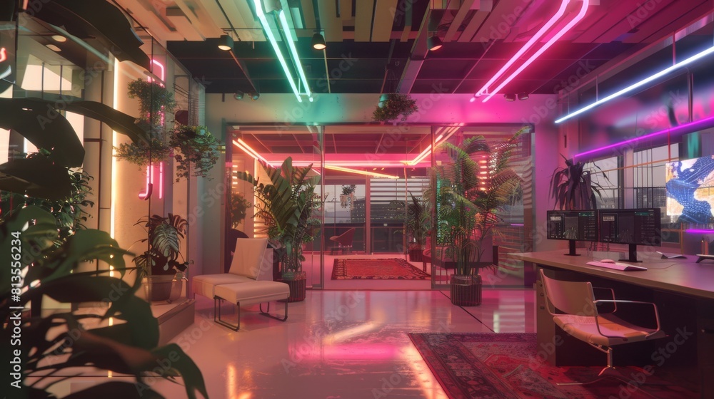 Retro-Futuristic Office Space with AI Assistants and Holographic Screens AI Generated
