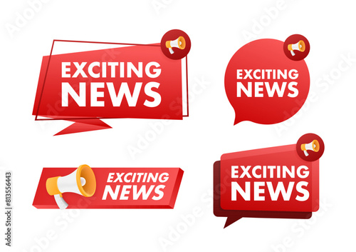 Exciting News text with Megaphone label set. Megaphone in hand promotion banner. Marketing and advertising
