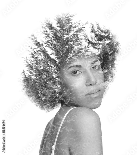 Double exposure of woman and trees on white background, black and white effect © New Africa