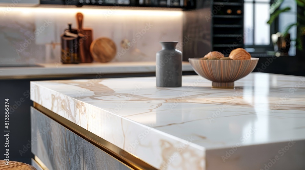 Sleek Modern Kitchen with White Marble Countertops, Ideal for Contemporary Urban Homes