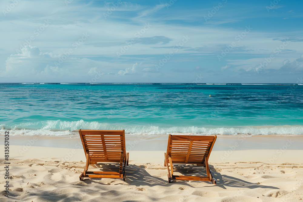 Two empty deck chairs set up on a sandy beach in front of the ocean