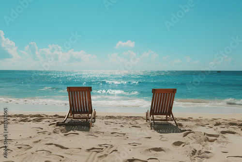 Two empty deck chairs set up on a sandy beach in front of the ocean © Areesha