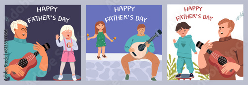 Happy Fathers Day postcard set with musical instruments, guitar, ukulele, mandoline, banjo. Child with dad singing a song. Daughter, son. Hand drawn vector illustration, musical greeting.
