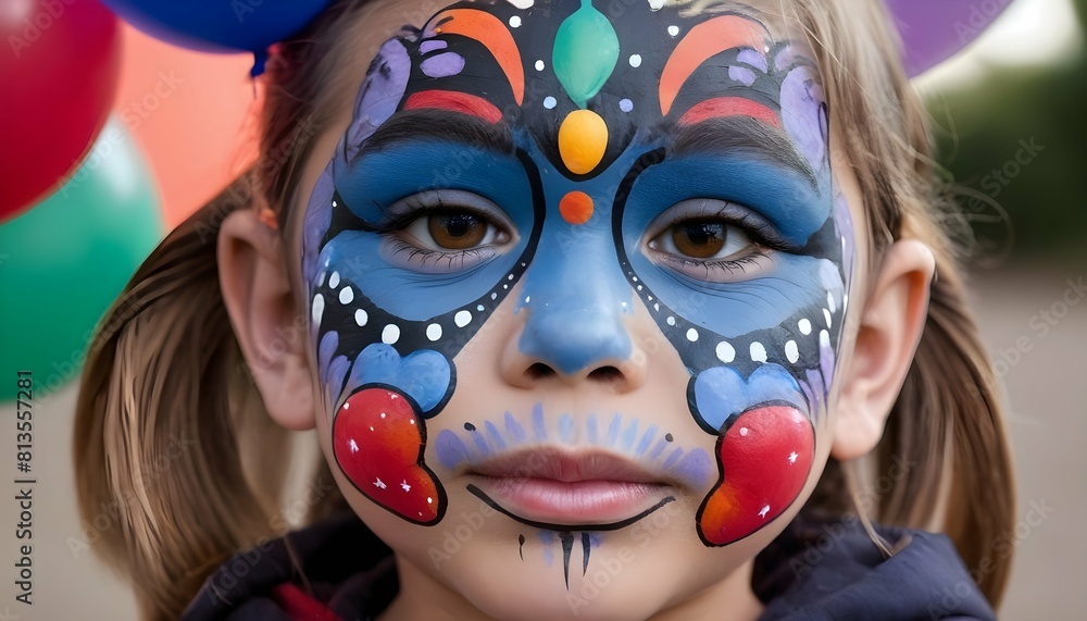 A childs face painted with balloon designs trans upscaled 3