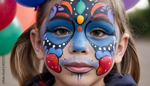A childs face painted with balloon designs trans upscaled 3