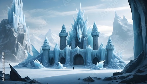 A frozen citadel with towering ice sculptures of d