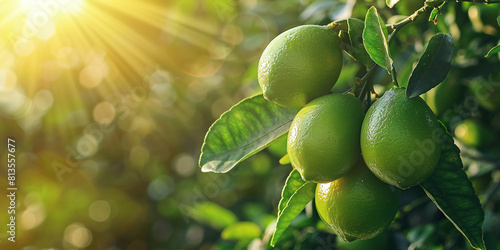 Green lime fruits on a tree in the garden against the background of sunlight, fresh green limes hanging from a branch of a lemon fruit plant. photo