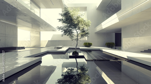 Sleek cubic house with minimalist interior design, featuring a central atrium with a reflective water pool.