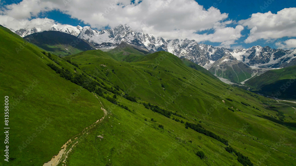 Breathtaking panoramic view of vibrant green meadows leading to snow-capped peaks under a blue sky, ideal for nature and travel themes, Earth Day promotions
