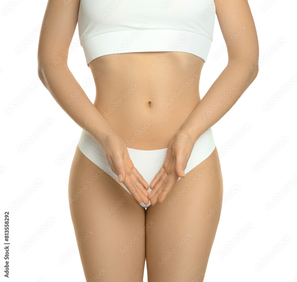 Gynecology. Woman in underwear on white background, closeup