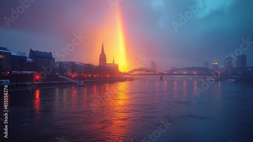 Stunning View of Cologne Cathedral and Hohenzollern Bridge at Sunset with Rainbow