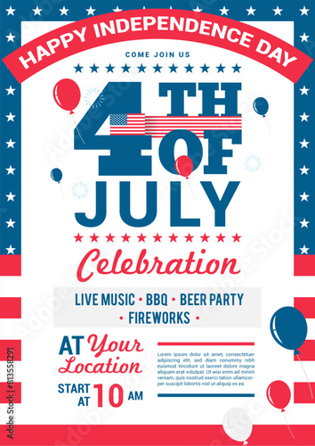4th of July celebration poster templates vector illustration. American flag frame background. Flyer design