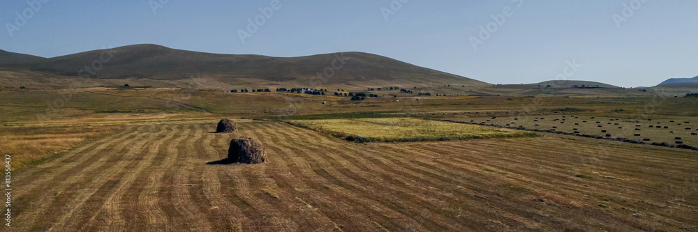 Obraz premium Rural landscape with round hay bales on a harvested field during autumn, related to agriculture and Thanksgiving concepts