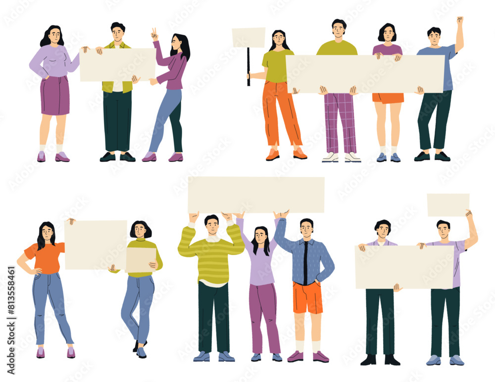 Obraz premium People with placards and banners. Protesters with paper boards, characters with signboards demonstrate and fight for rights. Vector illustration. Group of activists holding posters