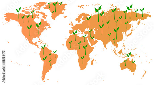 A world map with colored trees all over it, planting trees to reduce global warming