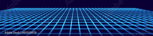 Wide Blue Blueprint Background Texture. Perspective Grid with Depth of Field Effect (DoF). Vector for Your Graphic Design.
