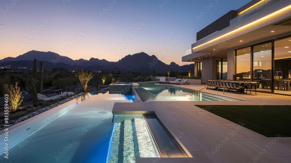 Fototapeta premium Illuminated Modern Luxury Swimming Pool and Landscaping with Mountain View
