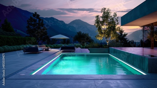 Illuminated Modern Luxury Swimming Pool and Landscaping with Mountain View