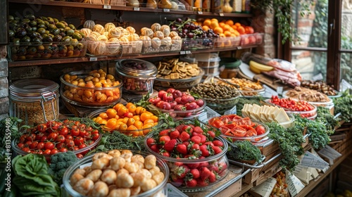 Bountiful Food Display at a Traditional Market in Bologna City, Featuring Fresh Fruits, Vegetables, and Delicatessen
