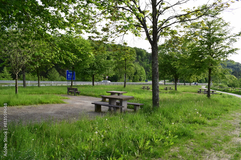 park benches on an Autobahn parking lot park benches on an Autobahn parking lot