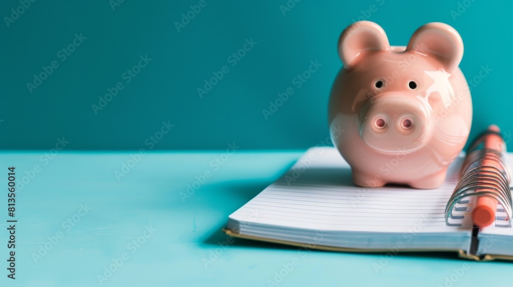 A pink piggy bank placed on an open notebook with a pen against a teal background, representing savings and financial planning A pink piggy bank placed on an open notebook with a pen against a teal background, representing savings and financial planning