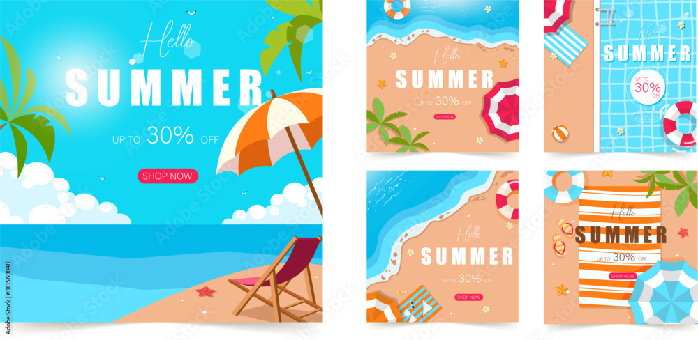 Set of summer social media post template with space for text. for poster, invitation and cover with tropical leaves, shapes and textures