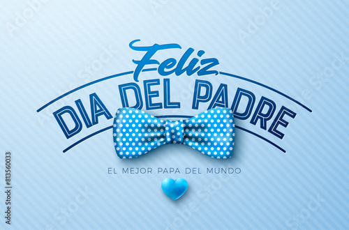 Happy Father's Day Greeting Card Design with Dotted Bow Tie and Heart on Light Blue Background. Feliz Dia del Padre Spanish Language Vector Illustration for Loved and Best Dad. Template for Banner